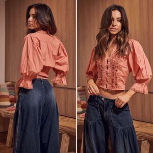 NEW with Flaw FREE PEOPLE Louella Embroidered Top, in Savannah Red, Size S